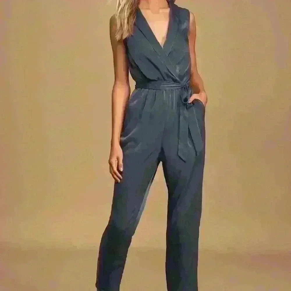 Lulus Love Like That Washed Navy Blue Satin Sleeveless Jumpsuit